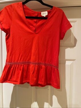 Sezane 100% Cotton Red V-Neck Peplum Button Back Top French Romantic S